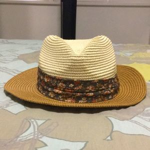 Floral Print-Trim Faux Straw Hat